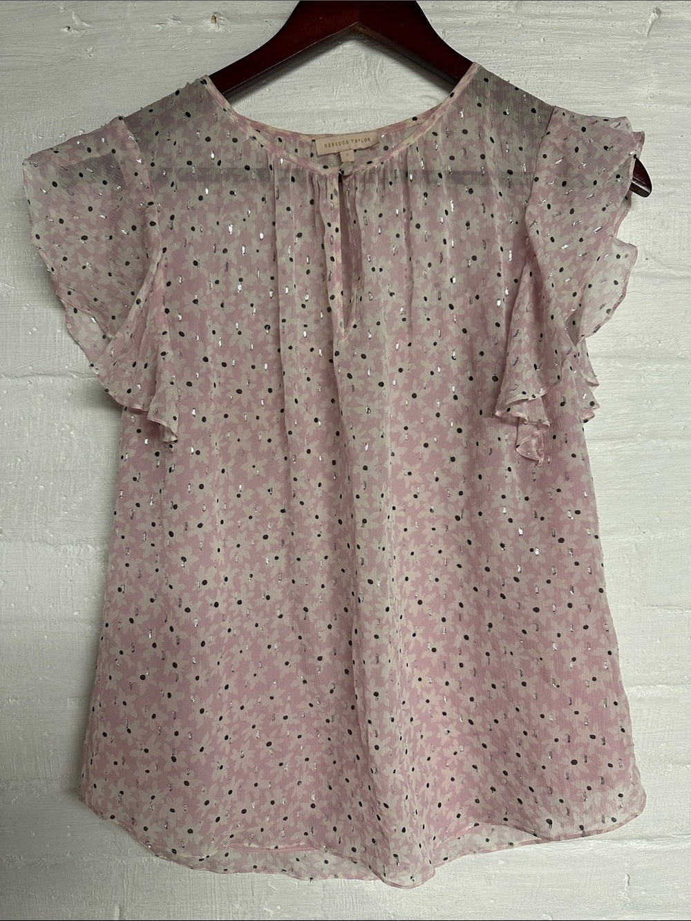 Rebecca Taylor Light Pink Floral Dot Ruffle Sleeve Blouse